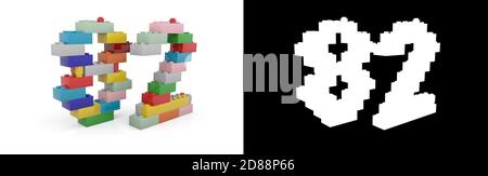 Buntes Spielzeug Kunststoff Nummer zweiundachtzig (Nummer 82) aus Bausteinen mit Alpha-Kanal und Schatten auf weißem Hintergrund. 3D-Illustration Stockfoto