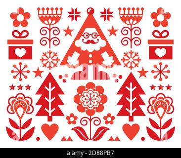 Weihnachten Weihnachtsmann Vektor Grußkarte Design, skandinavischen Folk Art Stil festlichen Hintergrund in rot auf weiß Stock Vektor