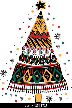 Frohe Weihnachten Dekoration von Hand gezeichnet.Doodle Stil Grußkarte mit niedlichen Weihnachtsbaum. Stock Vektor