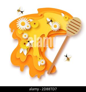 Papier geschnitten fließender Honig, Holzdipper, niedliche Bienen fliegen über blühende Blumen. Vektorgrafik im Papierkunststil. Stock Vektor