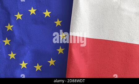 Polen und die Europäische Union zwei Flaggen Textilgewebe 3D-Rendering Stockfoto