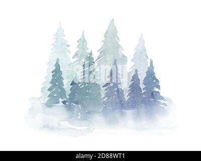 Winter Aquarell Tannen im Nebel. Handzeichnung Stockfoto