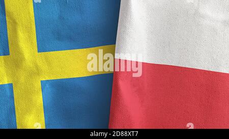 Polen und Schweden zwei Flaggen Textil Stoff 3D-Rendering Stockfoto