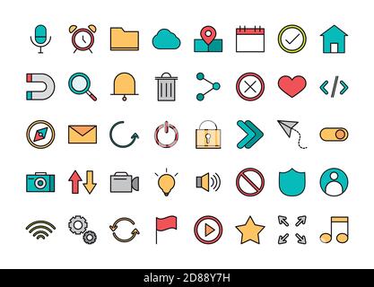 Satz von Benutzeroberflächensymbolen, Medien für mobile App-Schaltflächen und lineare Navigation und Vektordarstellung im Füllstil Stock Vektor