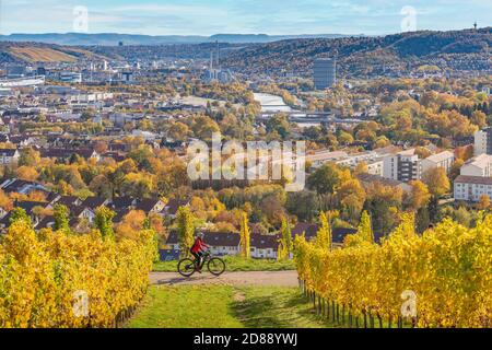 Nette ältere Frau auf ihrem elektrischen Mountainbike in herbstlich bunten Weinbergen über der deutschen Stadt Stuttgart, Baden-Württemberg, Deutschland Stockfoto