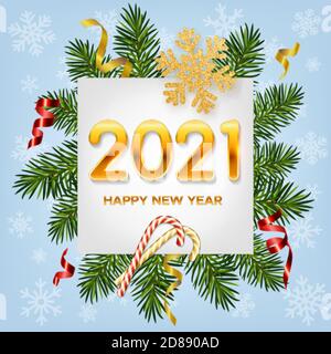 2021 Neujahrshintergrund mit realistischen Kiefernästen, glänzenden Girlanden, Zuckerstöcken, Serpentin, Glitzer Gold Schneeflocke Stock Vektor