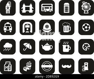 London City & Culture Icons Weiß Auf Schwarz Flat Design Groß Einstellen Stock Vektor