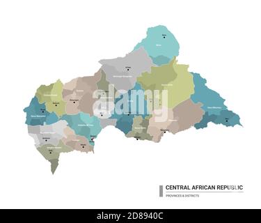 Zentralafrikanische Republik Higt Detailkarte mit Unterteilungen. Verwaltungskarte der Zentralafrikanischen Republik mit Bezirken- und Stadtnamen, farbig b Stock Vektor