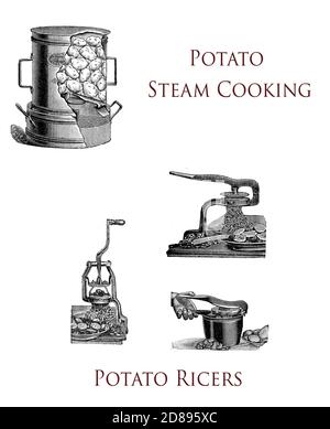 Küchengeräte: Kartoffeldampfgargerät und Kartoffelpresse, 19. Jahrhundert Illustration Stockfoto