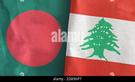 Libanon und Bangladesch zwei Flaggen Textil Stoff 3D-Rendering Stockfoto