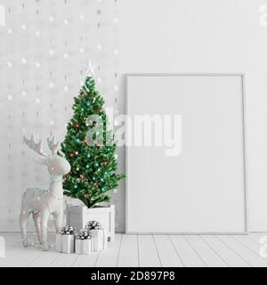 Plakat, Dekoration zu Weihnachten und Neujahr. Christmas Room Interior Design mit Tannenbaum und präsentiert 3d Render 3d Illustration Stockfoto