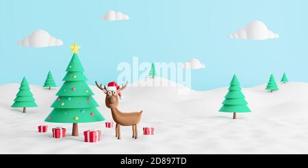 Lustige Rentiere und geschmückten Weihnachtsbaum mit Geschenken. Winter Holidays Hintergrund 3d Rendern 3d-Illustration Stockfoto