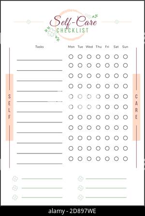 Self Care Checkliste minimalistischen Planer Seite Design Stock Vektor