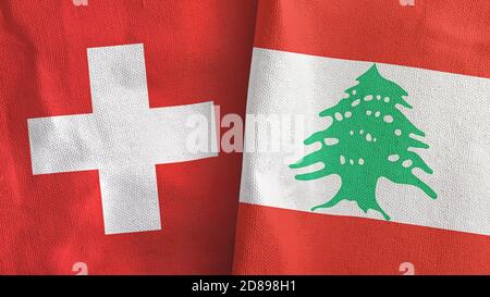 Libanon und Schweiz zwei Flaggen Textil Stoff 3D-Rendering Stockfoto
