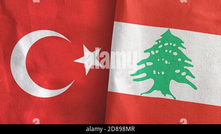 Libanon und Türkei zwei Flaggen Textil Stoff 3D-Rendering Stockfoto