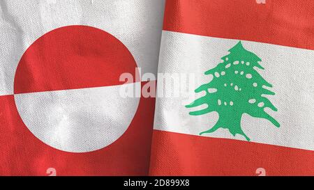Libanon und Grönland zwei Flaggen Textil Stoff 3D-Rendering Stockfoto