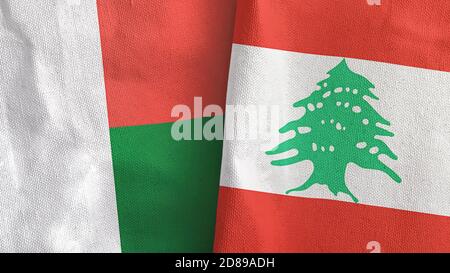 Libanon und Madagaskar zwei Flaggen Textil Stoff 3D-Rendering Stockfoto