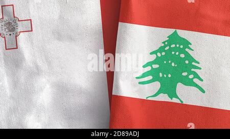 Libanon und Malta zwei Flaggen Textil-Tuch 3D-Rendering Stockfoto