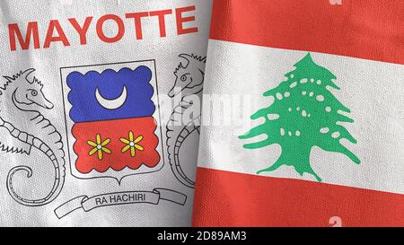 Libanon und Mayotte zwei Flaggen Textil Stoff 3D-Rendering Stockfoto