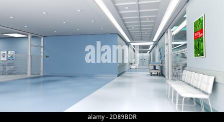 3D-Rendering eines Krankenhausinnenraums mit vielen Kopien Platz Stockfoto