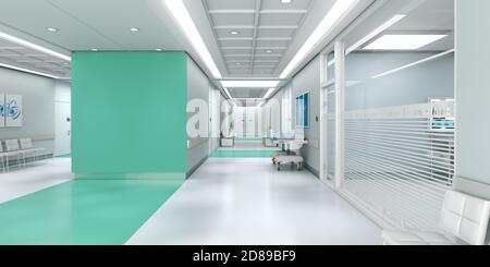 3D-Rendering eines Krankenhausinnenraums mit vielen Kopien Platz Stockfoto