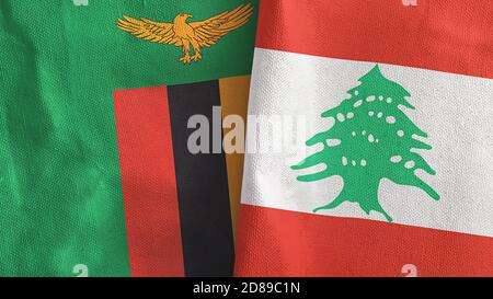 Libanon und Sambia zwei Flaggen Textil-Tuch 3D-Rendering Stockfoto