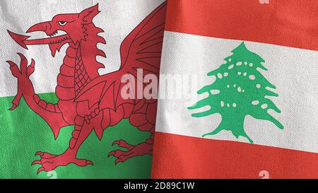 Libanon und Wales zwei Flaggen Textil Stoff 3D-Rendering Stockfoto