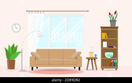 Wohnzimmer mit Möbeln. Design einer gemütlichen Raumeinrichtung mit Sofa, Fenster und Dekorelementen. Vektordarstellung im flachen Stil. Stock Vektor