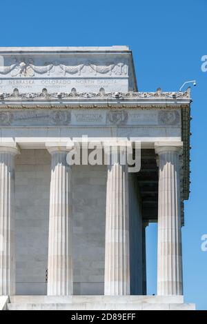 Die Yule Marmorkolonnade von Henry Bacons 1922 Lincoln Memorial in Washington DC. Stockfoto