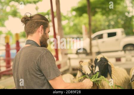 Junge Bartgeier touristische Mann in Urlaub in Ayutthaya, Thailand Stockfoto