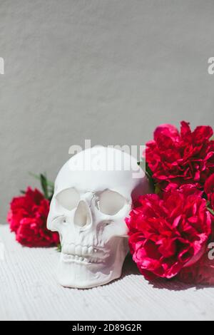 Rote Blumen neben einem menschlichen Schädel Dekoration Stockfoto