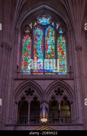 Rowan LeCompte's auffallend farbenfrohe 1983 'Noah' Fenster im Kirchenschiff, North Clerestory of Washington National Cathedral. Stockfoto