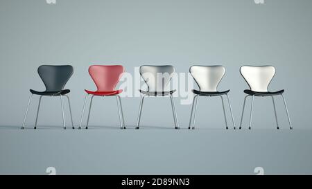 3D-Rendering einer Reihe von Kunststoff-und Metall-Stühle In schwarzen Farbtönen mit einem kontrastierenden roten Stockfoto