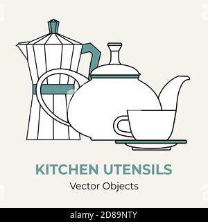 Tee Tasse Teekanne Moka Topf Untertasse einfache Form Vektor Illustration. Vektorlinie Illustration isoliert Logo Symbol Cafe Menü Stock Vektor