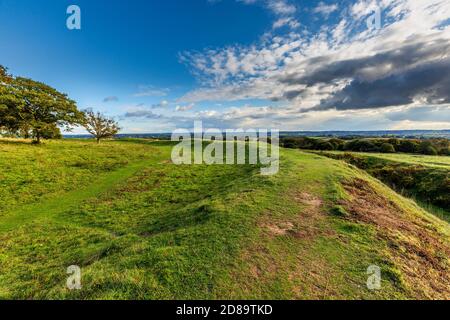 Die Verteidigungswälle und Gräben von Badbury Rings Iron Age Hill Fort in Dorset, England Stockfoto