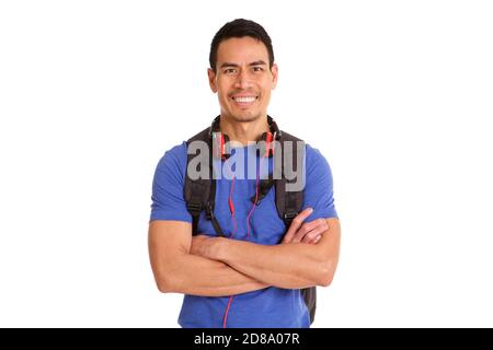 Portrait von selbstbewussten reifen asiatischen Mann mit Rucksack und Kopfhörer Auf weißem Hintergrund Stockfoto