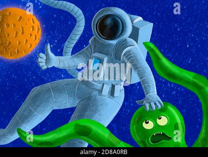 Lustige Illustration eines Astronauten in einem Raumkeuit, Treffen mit einem freundlichen Oktopus-aussehenden Alien. Er gibt einen Daumen nach oben, während er den Kopf des Aliens berührt Stockfoto