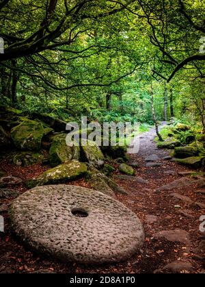 Ein alter Mühlstein in Padley Gorge Peak District Derbyshire England, Großbritannien Stockfoto