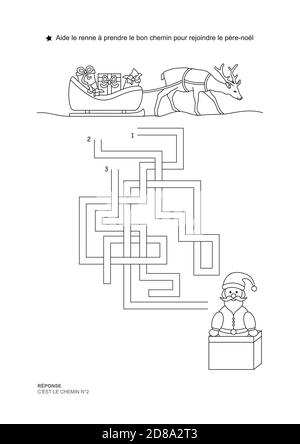Das Labyrinth-Spiel. Weihnachtsthema. Helfen Sie dem Rentier zu Santa Claus beitreten. Spiel und Färbung. Vektorgrafik. Französische Sprache. Stock Vektor