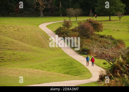 Zwei separate Paare, eines zog sich in den Ruhestand, das andere jung, und genossen einen Spaziergang auf dem Land, der an einem sonnigen Herbsttag durch einen Golfplatz führt Stockfoto