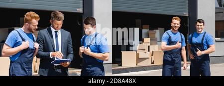 Collage von Geschäftsmann hält Zwischenablage und Stift und Movers zeigen Daumen hoch im Freien Stockfoto