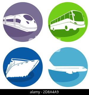 Reisen Sie mit Bus, Express-Zug, Kreuzfahrtschiff und Flugzeug, touristischen Transport Stock Vektor