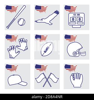 Vektor-Illustration USA Set amerikanischen nationalen Symbole Adler, Baseballschläger, Handschuh, Ball, Kappe, Rugby-Ball, Helm, Anzeigetafel. Beliebte Sportarten in Amerika Stock Vektor