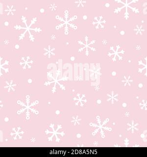 Weiße zufällige Schneeflocken auf pastellrosa Hintergrund, Winterwetter, Schnee Vektor-Muster wiederholen. Stock Vektor