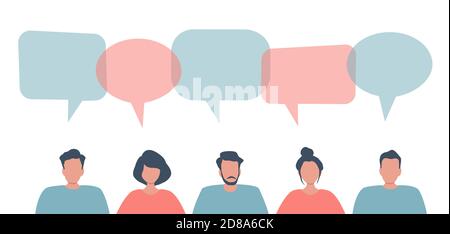 Kommunikation von Männern und Frauen. Gemeinschaft junger Menschen. Personensymbole mit Sprechblasen. Vektorgrafik Stock Vektor