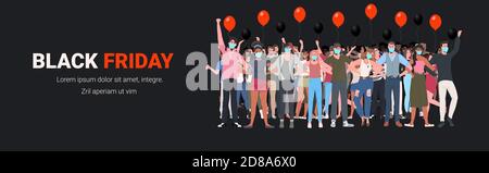 Mischen Rennen Menschen in Masken stehen mit erhobenen Händen Männer Frauen mit Spaß schwarzen freitag großen Verkauf Coronavirus Quarantäne Konzept horizontale Vektordarstellung in voller Länge Stock Vektor