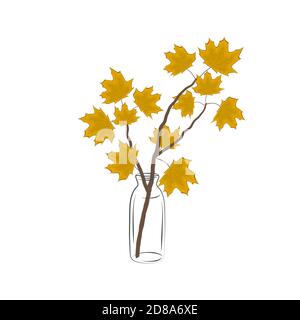 Ahornzweig in einem Glas. Es gibt gelbe Herbst Ahornblätter auf weißem Hintergrund. Vektorgrafik Stock Vektor