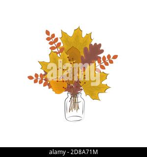 Herbstblätter in einem Glas. Auf dem Bild sind Blätter aus Eiche, Ahorn, Birke und anderen Bäumen zu sehen. Vektorgrafik. Stock Vektor