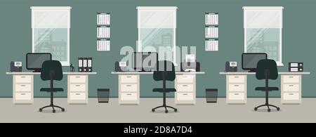 Büroraum in grüner Farbe. Arbeitsplatz für drei Büroangestellte mit grauen Möbeln auf Fensterhintergrund. Es gibt Schreibtisch, Stuhl, Telefon und Drucker Stock Vektor