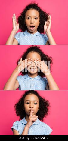 Collage von niedlichen lockigen afroamerikanischen Kind zeigt drei Weise Affen isoliert auf rosa Stockfoto